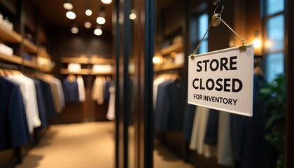 A high-end boutique interior with dimmed lights and a chic sign: STORE CLOSED FOR INVENTORY.