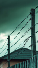 Fototapeta premium Barbed wire silhouettes under ominous green clouds communicate a sense of confinement and tension amidst an impending storm. 