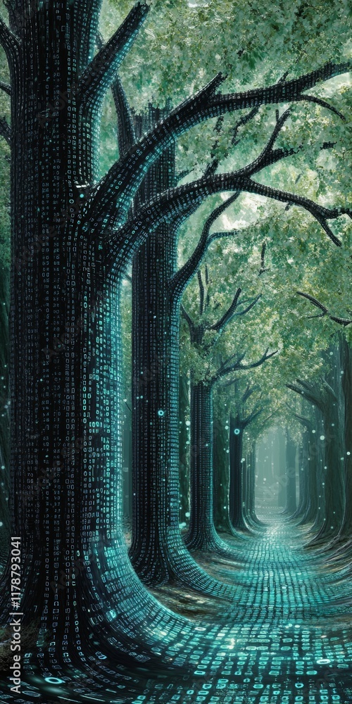 Poster surreal digital forest with trees constructed from binary code creating an otherworldly landscape ex