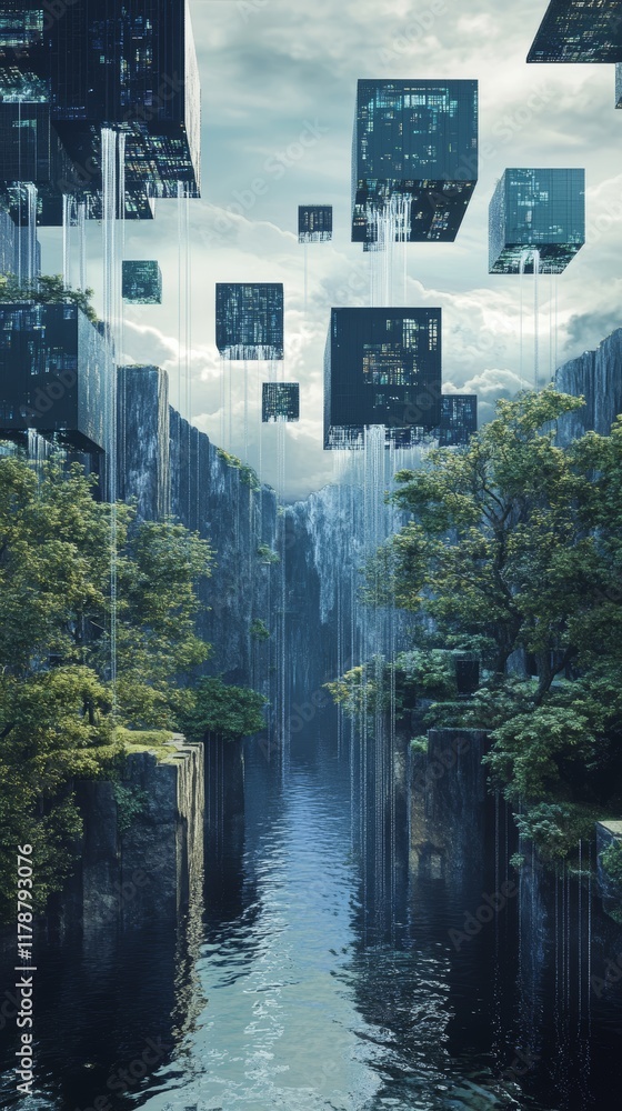 Poster surreal landscape with floating data cubes above a serene waterway surrounded by lush greenery and c