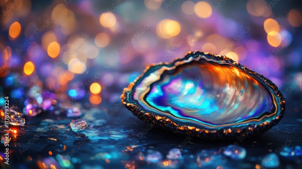Poster iridescent agate geode rests on dark surface, surrounded by colorful bokeh lights and crystals.