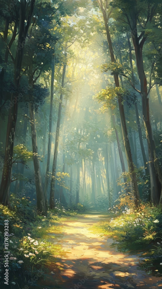 Poster a sunlit path winds through a lush forest, surrounded by tall trees and vibrant greenery, creating a