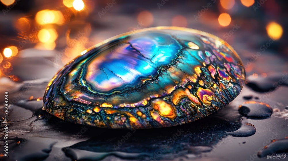 Aufkleber iridescent abalone shell on dark surface with bokeh lights.