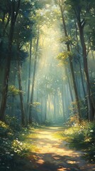 Fototapeta premium A sunlit path winds through a lush forest, surrounded by tall trees and vibrant greenery, creating a serene and tranquil atmosphere.