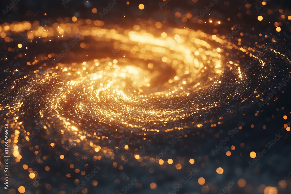 Poster captivating image of a swirling golden light pattern with bokeh, evoking a sense of cosmic wonder an