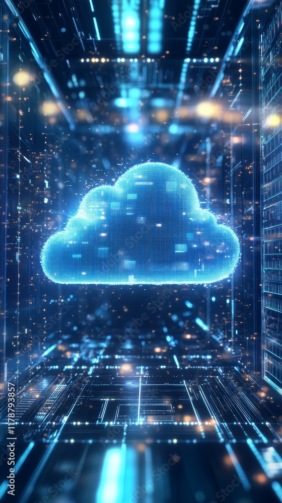 Poster ethereal cloud data visualization inside digital environment with abstract patterns and dynamic ligh