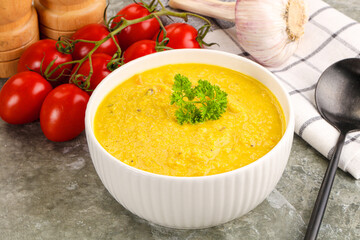 Vegetarian corn cream soup served parsley