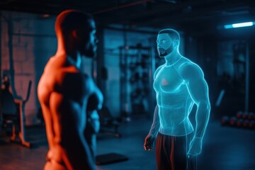 Man training in gym with holographic representation of muscles and body structure