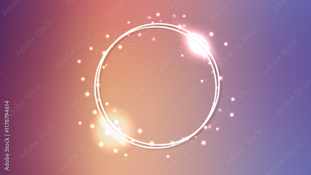 Poster neon double circle frame with shining effects and sparkles