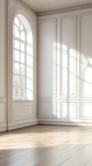 This image features a bright minimalist room with elegant white walls and ample natural light streaming through large windows, creating a serene and inviting atmosphere.