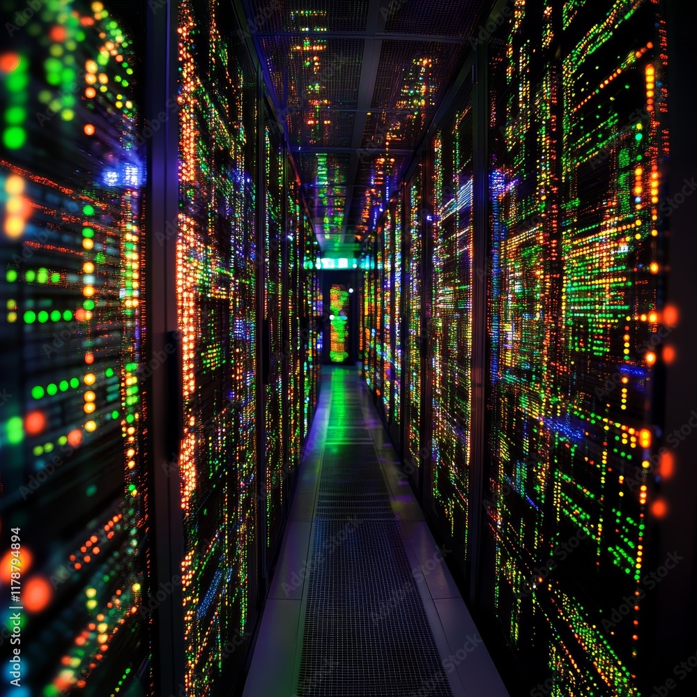 Poster immersive digital data network experience in a vibrant server room with colorful lights and technolo