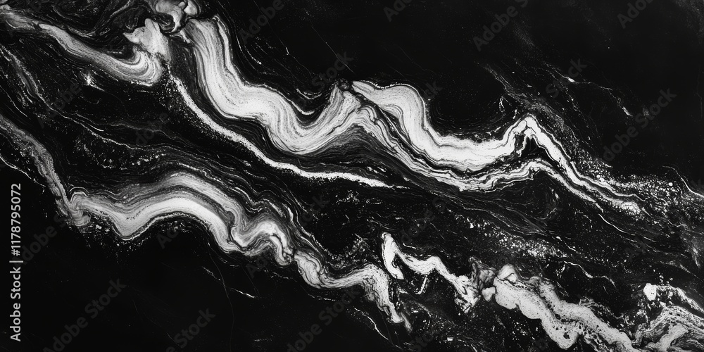 Poster a striking abstract image showcasing black and white marble-like fluid patterns, creating a modern a