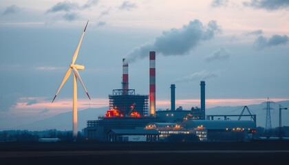 Obraz premium Renewable energy concept. Double exposure of Wind mill and factory buildings, 8k, with white tones