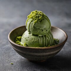 Matcha ice cream scoops with topping in a ceramic bowl. 
