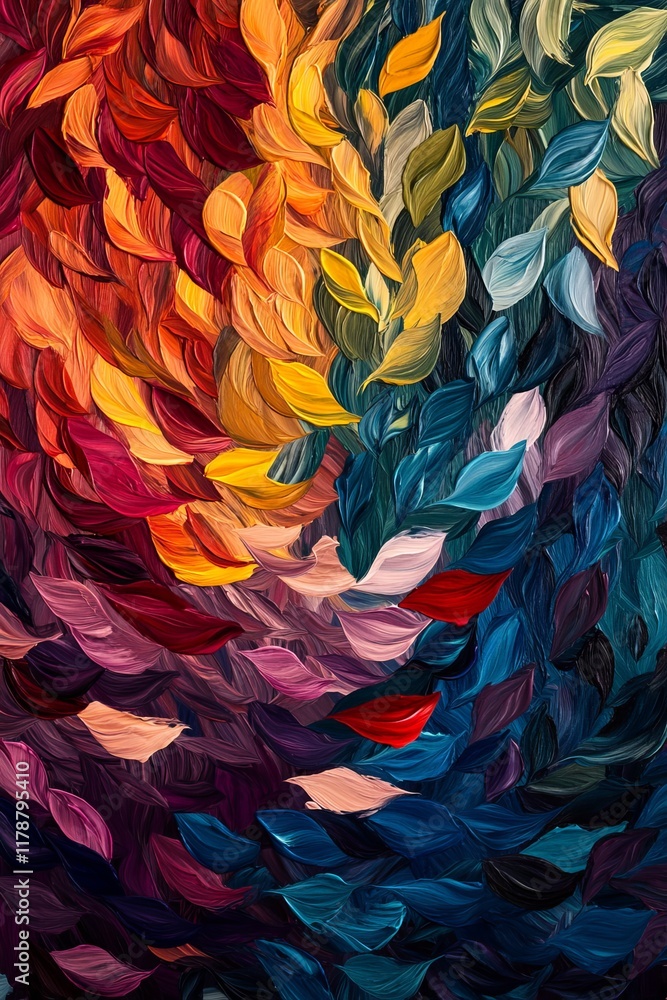 Aufkleber a vivid abstract painting featuring swirling patterns of colorful leaves, creating a dynamic and tex