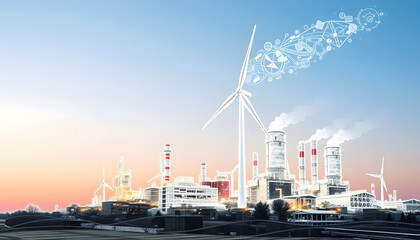Obraz premium Renewable energy concept. Double exposure of Wind mill and factory buildings, doodle art, with white tones