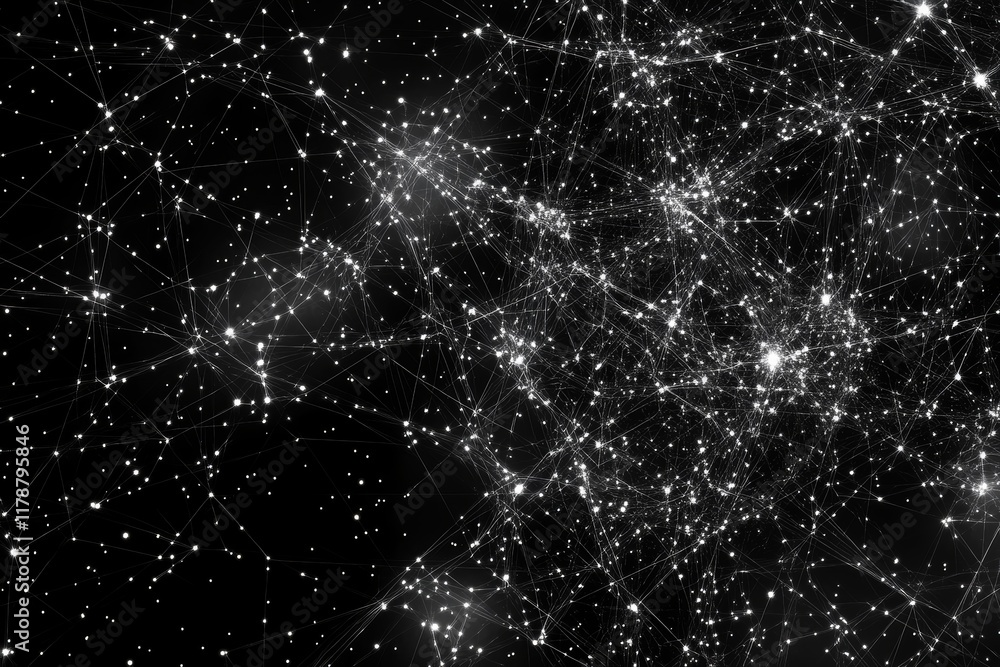 Poster abstract representation of connected nodes in big data environment with dark background and bright h
