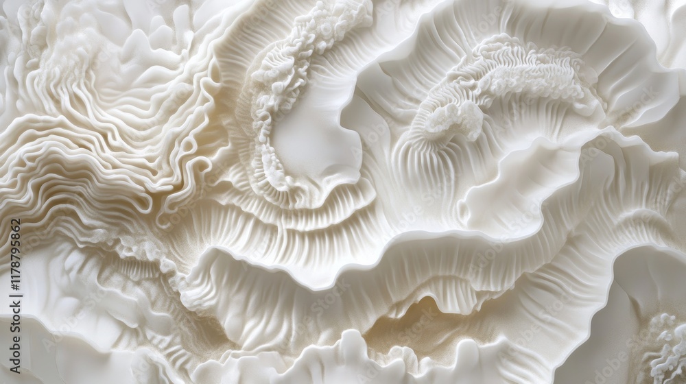 Poster close-up of a detailed abstract white surface with flowing, organic patterns and textures, creating 