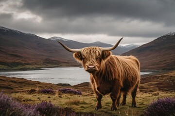A cow of reddish-brown color and large curved horns, with grass-covered hills in the background and mountains in the distance on a cloudy day.