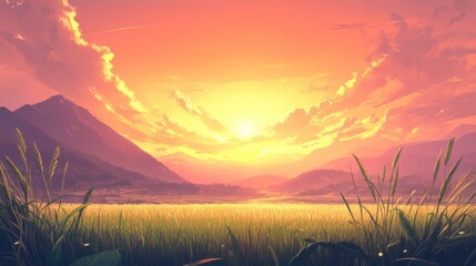 Vibrant sunset over a tranquil valley landscape with mountains and tall grass.