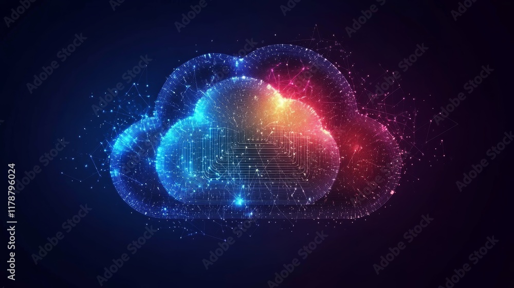 Poster abstract digital cloud network representation with vivid colors and technological elements