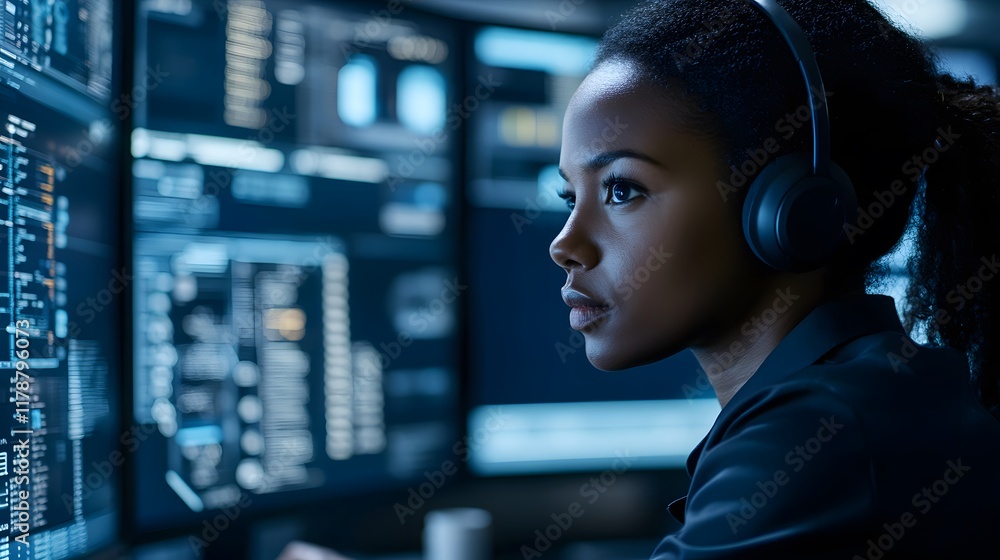 Poster focused young woman with headphones intently monitors multiple computer screens displaying complex d