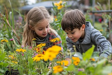 Kids explore a small garden area near the playground, pointing out flowers and insects