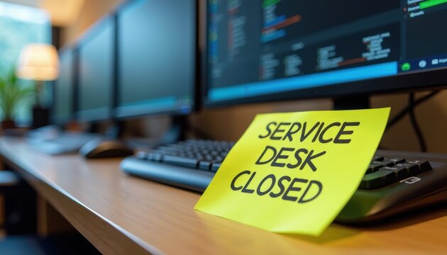 An IT help desk with monitors off and a sticky note on the desk: SERVICE DESK CLOSED.