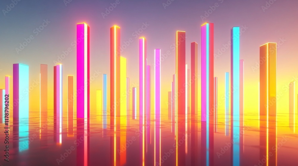 Poster bright gradient d bars rising from a digital floor with soft reflections, creating a futuristic data