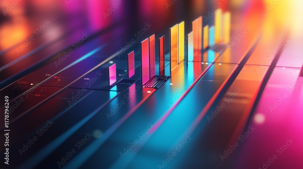 Poster bright gradient d bars rising from a digital floor with soft reflections, creating a futuristic data