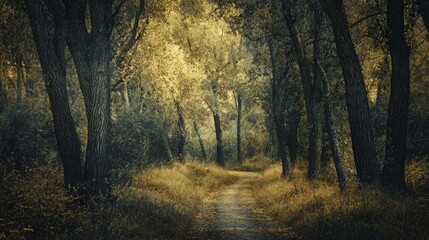 Obraz premium Mystical Forest Path Autumnal Woodland Trail