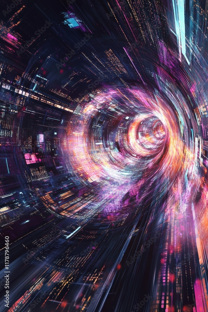 Poster Surreal Digital Flow Through Distorted Data Environment with Vibrant Colors and Abstract Design Elements