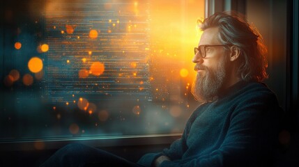 Developer deeply engaged in high-resolution screen urban office portrait photography evening glow side view technology and focus