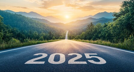 New year concept, the text "2025" written on the asphalt road leading into a beautiful natural landscape with a forest and mountains at sunset, with a blue color tone.