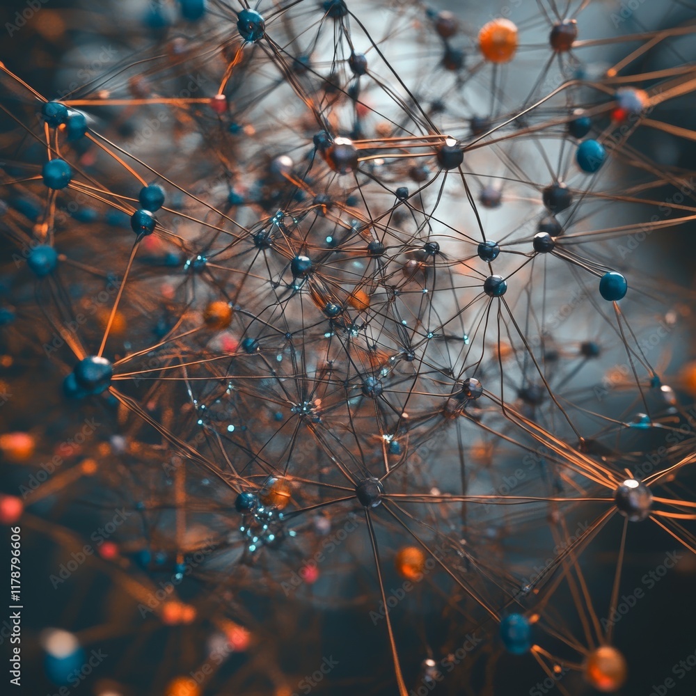 Poster surreal digital network connections with colorful nodes and intertwined lines in an abstract visuali