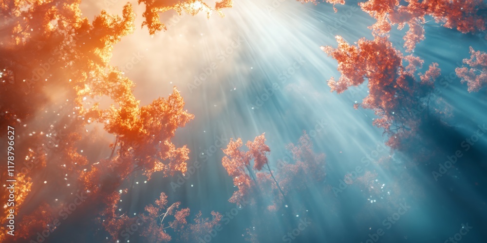 Poster a surreal scene showcasing dreamy light filtering through vibrant foliage, creating an enchanting at