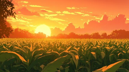 Vibrant sunset over a vast cornfield.