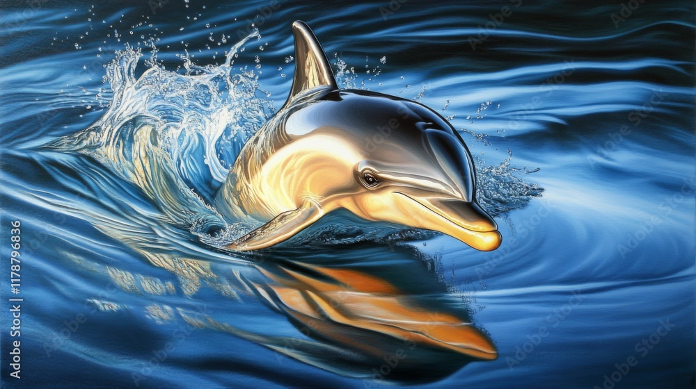Poster close-up of a dolphins fin breaking through the waters surface, creating ripples against a deep blue