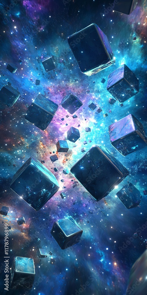 Poster space scene with many blue cubes floating in the sky. the cubes are scattered all over the image