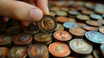 A hand holds a coin above a spread of various coins, suggesting collection or currency exchange.