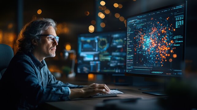 Coder testing advanced deep learning ai algorithms in a dimly lit tech office nighttime digital workspace focused viewpoint innovation concept