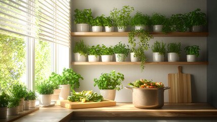 Bright and inviting kitchen with fresh herbs and greenery
