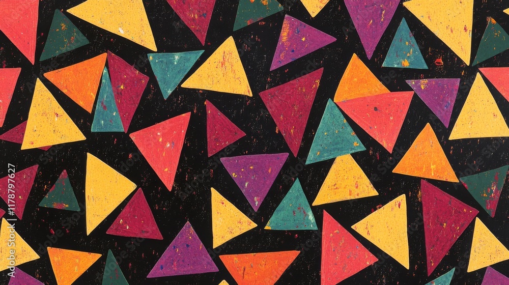 Poster collection of abstract triangle shapes in bold colors, forming a vibrant, layered pattern with depth