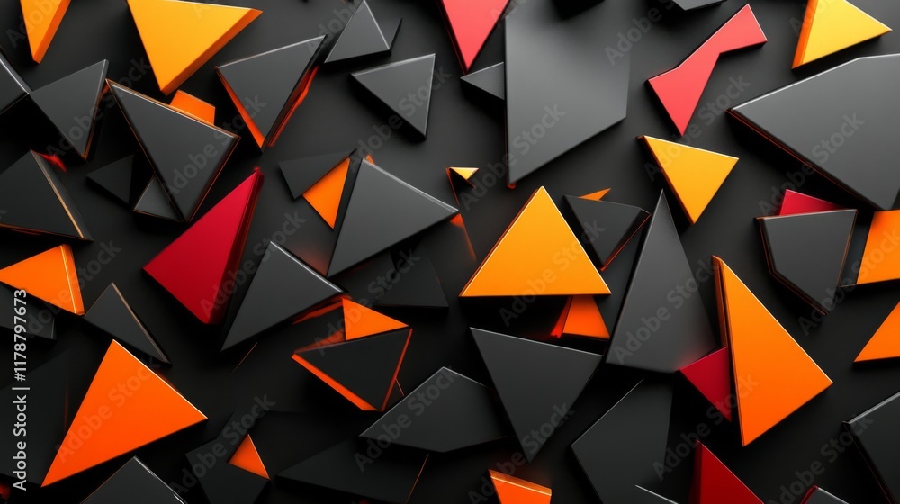 Poster collection of abstract triangle shapes in bold colors, forming a vibrant, layered pattern with depth