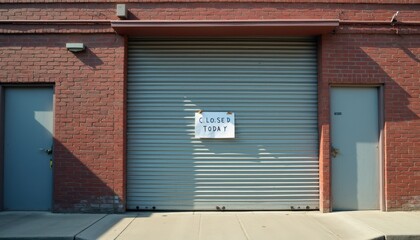Naklejka premium An auto-repair garage with the shutters down and a note taped to the entrance: CLOSED TODAY.