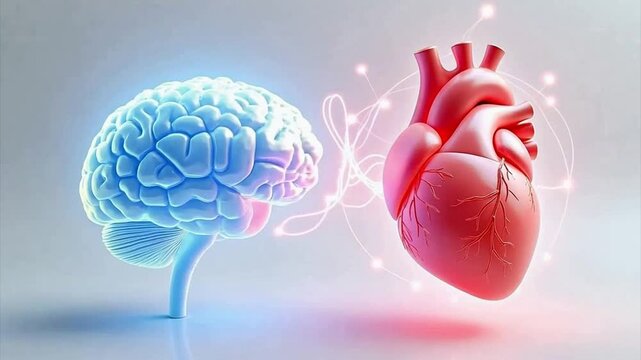 3D rendered human brain and heart, Brain-heart axis, connection between two, white background,