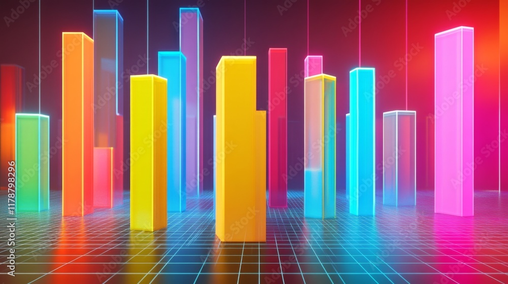 Poster colorful d bars rising from a digital grid floor, with subtle lighting and a gradient background to 
