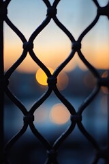 Fototapeta premium Close-up of a chain link fence silhouetted against a vibrant sunset with bokeh lights, creating a serene urban atmosphere.
