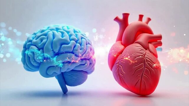 3D rendered human brain and heart, Brain-heart axis, connection between two, white background,