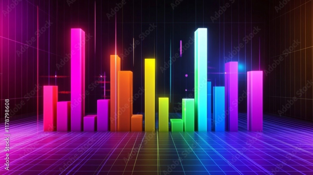 Poster colorful d bars rising from a digital grid floor, with subtle lighting and a gradient background to 